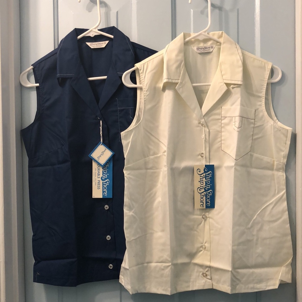 Lot of 2 Ship’n Shore vintage summer sleeveless shirts Sz 36 white & blue NOS